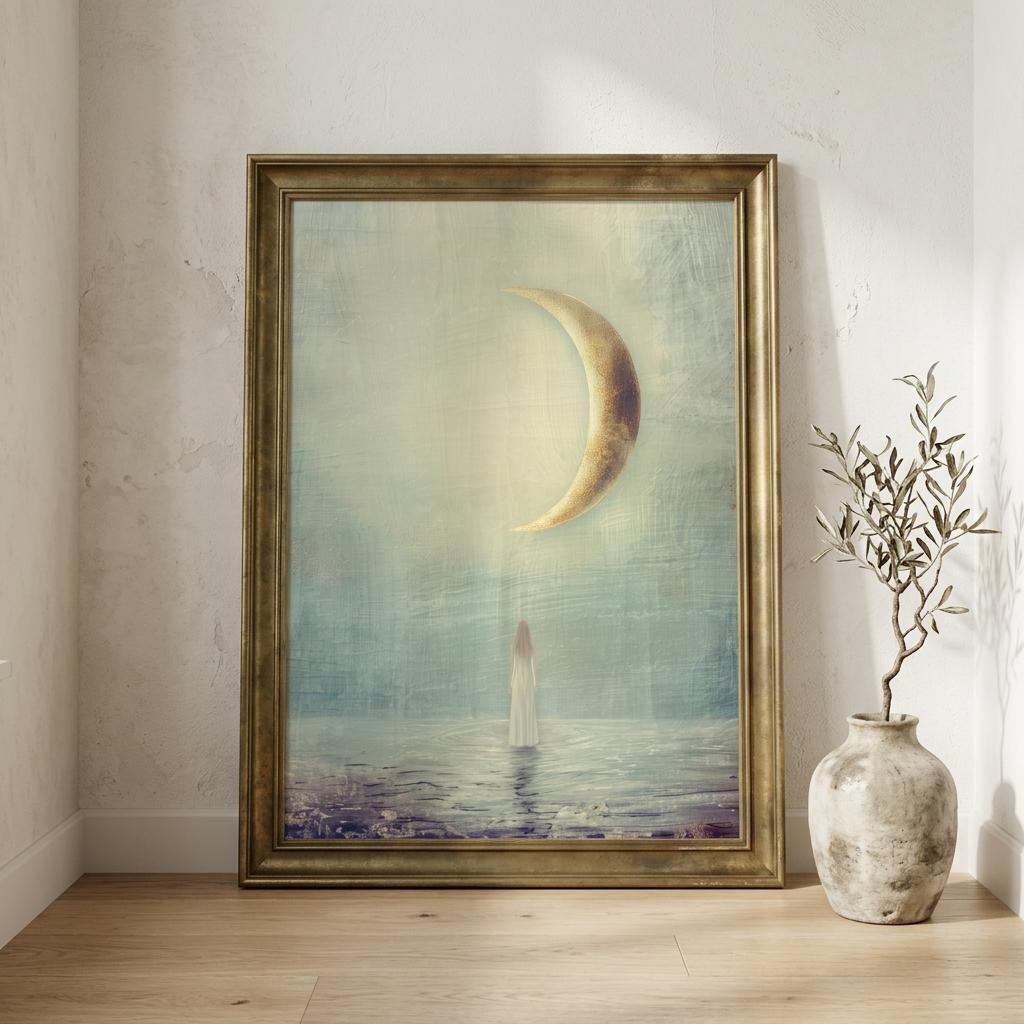 "Rest, reset, begin again." — New Moon Celestial Print, Minimalist Spiritual Wall Art
