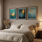 Celestial Moon Wall Art Set of 3, Teal & Gold Spiritual Lunar Prints, Bedroom Gallery Wall