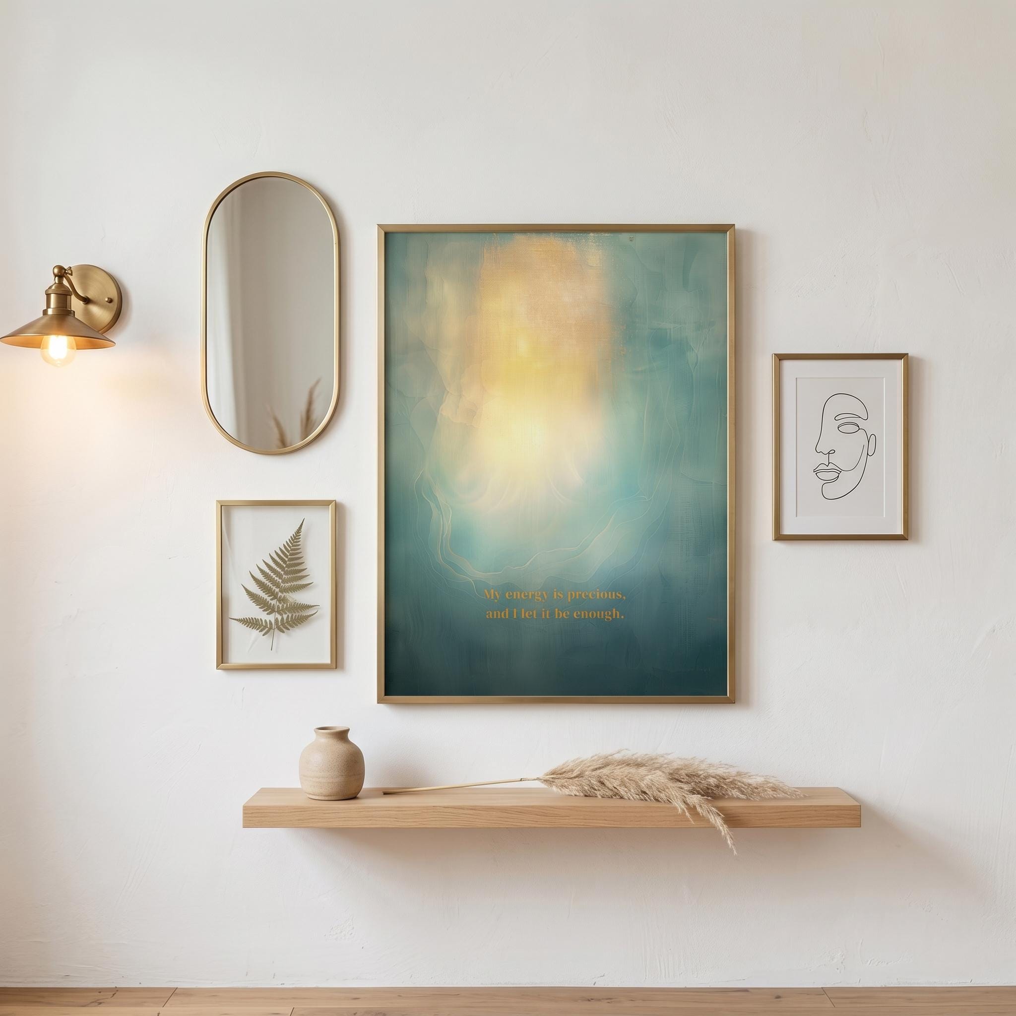 "My energy is precious, and I let it be enough." — Teal & Gold Vertical Glow Abstract Print