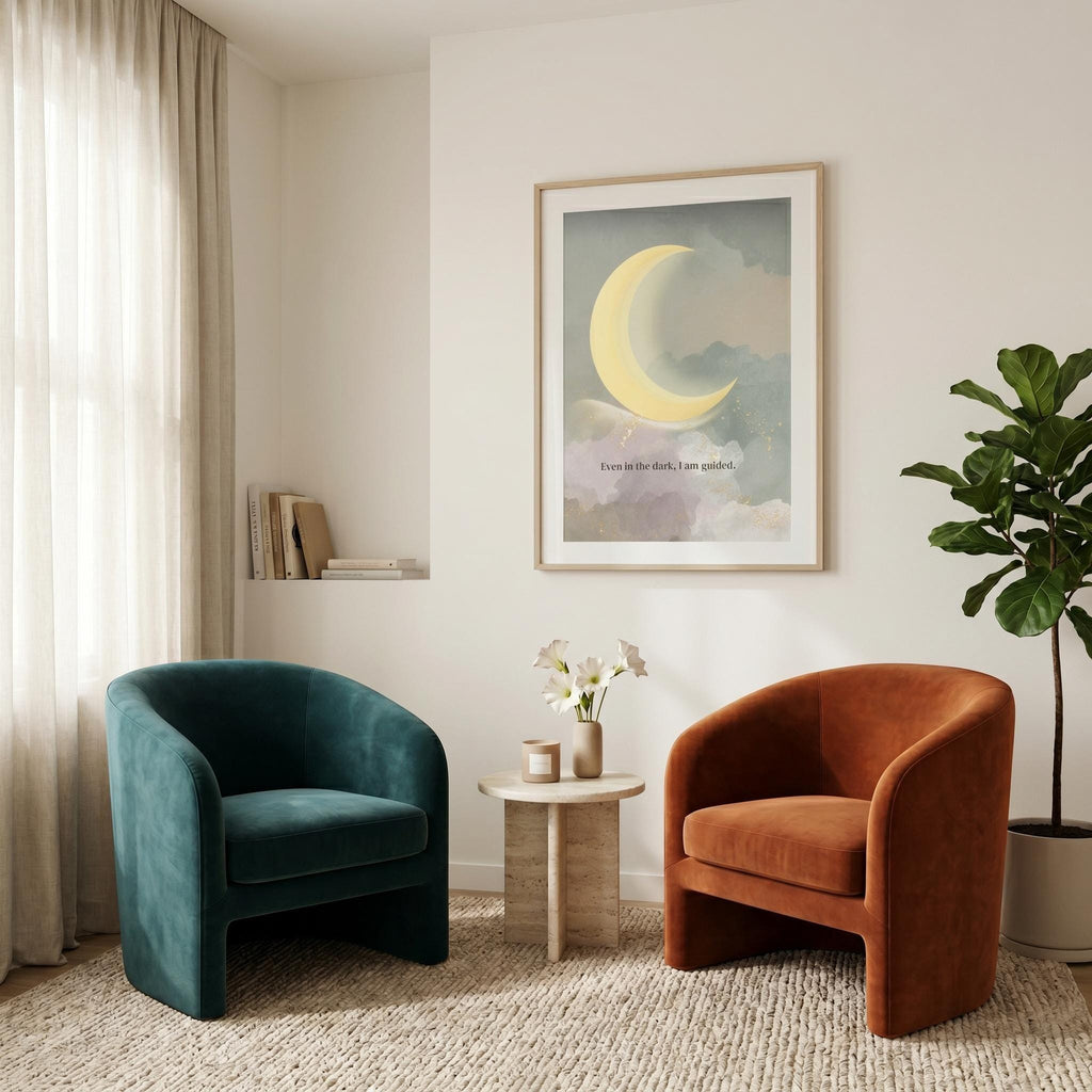 "Even in the dark, I am guided" - Crescent Moon Wall Art