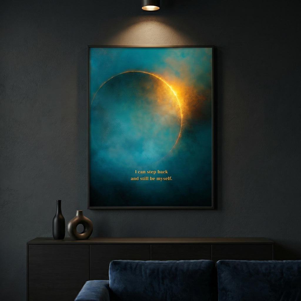 "I can step back and still be myself." — Teal & Gold Eclipse Print, Celestial Abstract Bedroom Wall Art (Digital Download)