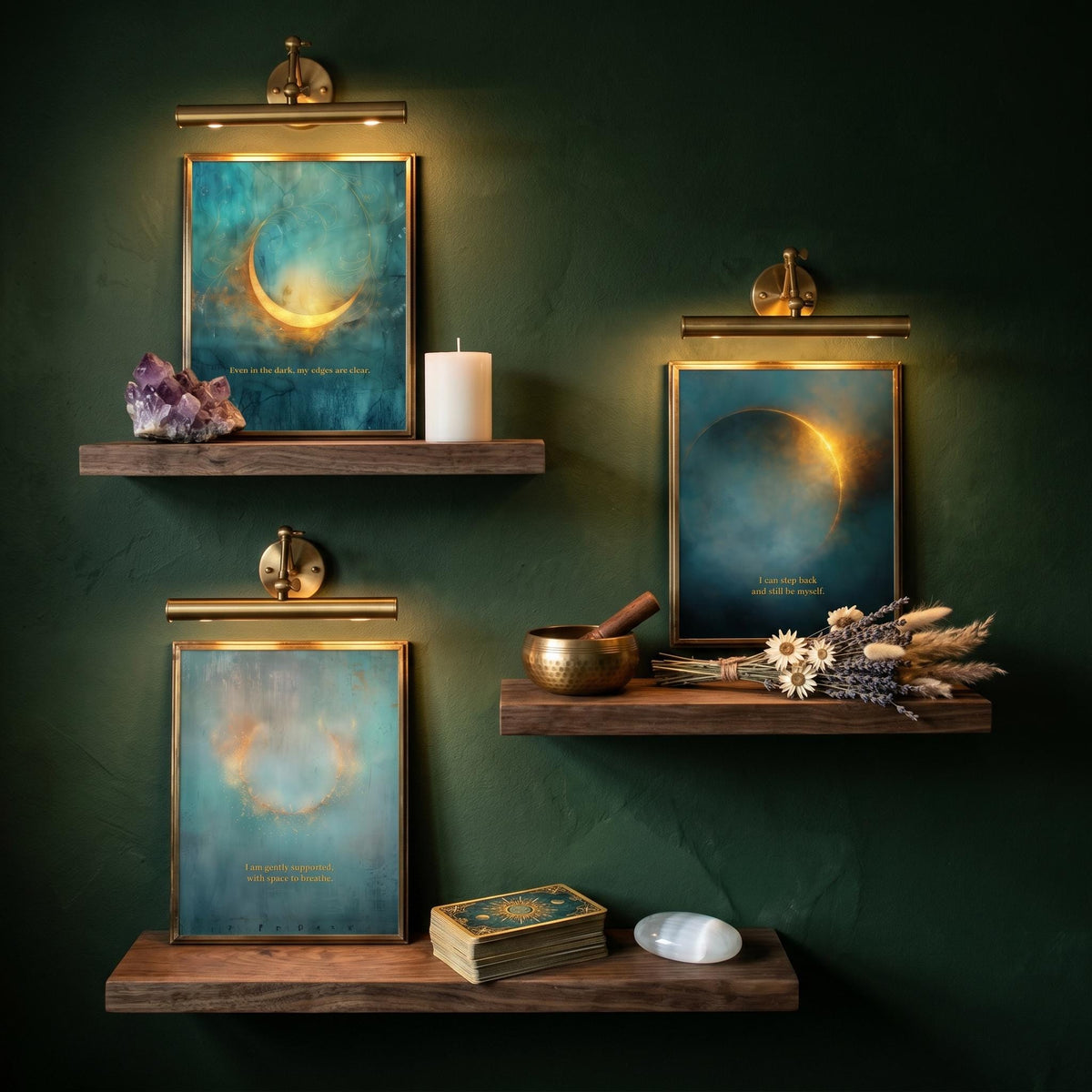 Celestial Moon Wall Art Set of 3, Teal & Gold Spiritual Lunar Prints, Bedroom Gallery Wall