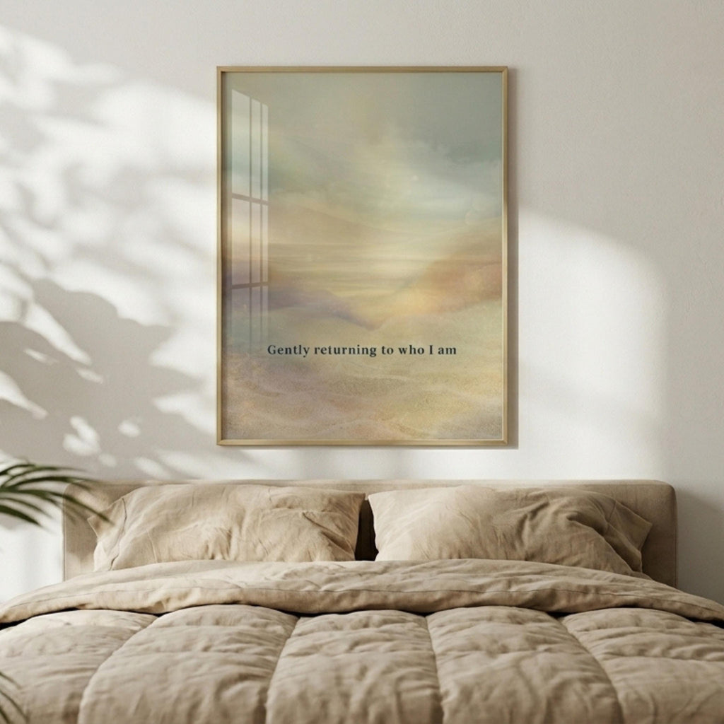 "Gently returning to who I am." — Warm Sand Landscape Print, Japandi Wabi Sabi Abstract Wall Art