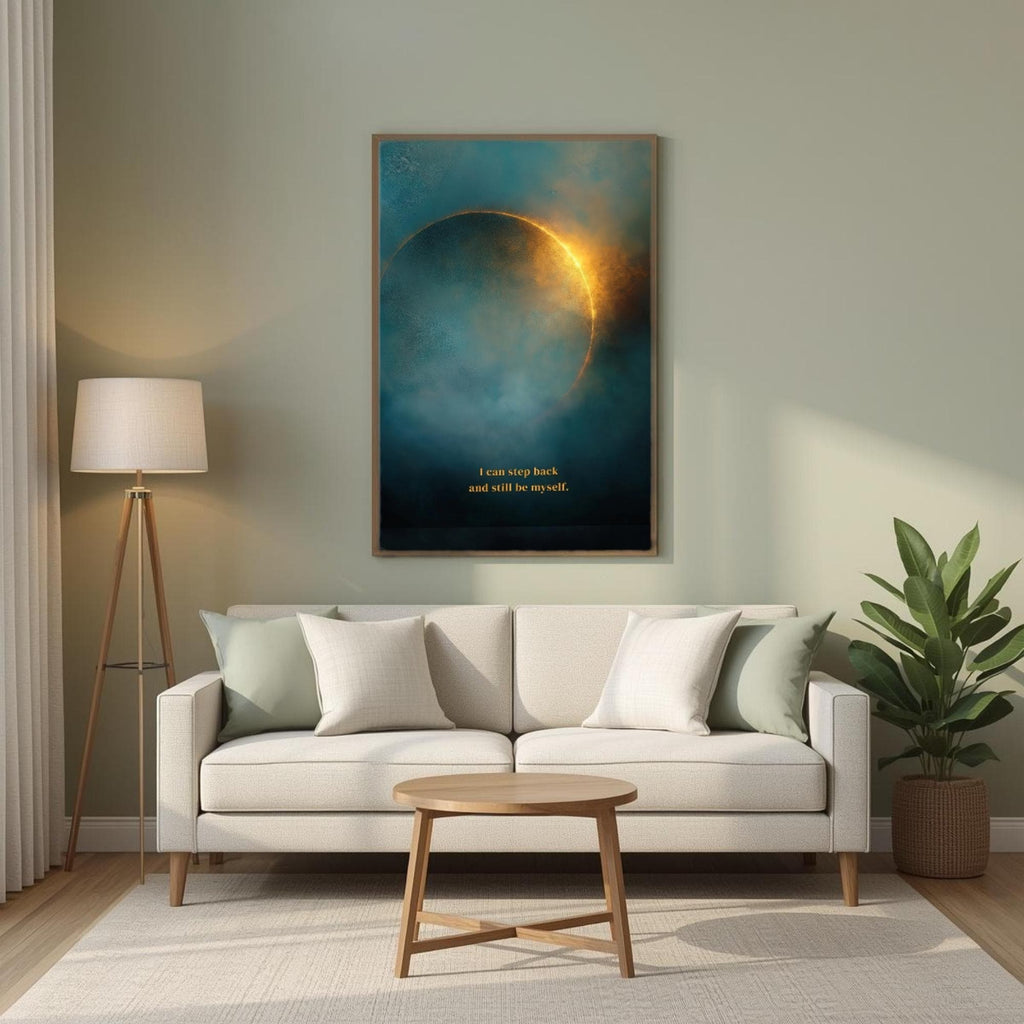 "I can step back and still be myself." — Teal & Gold Eclipse Print, Celestial Abstract Bedroom Wall Art (Digital Download)
