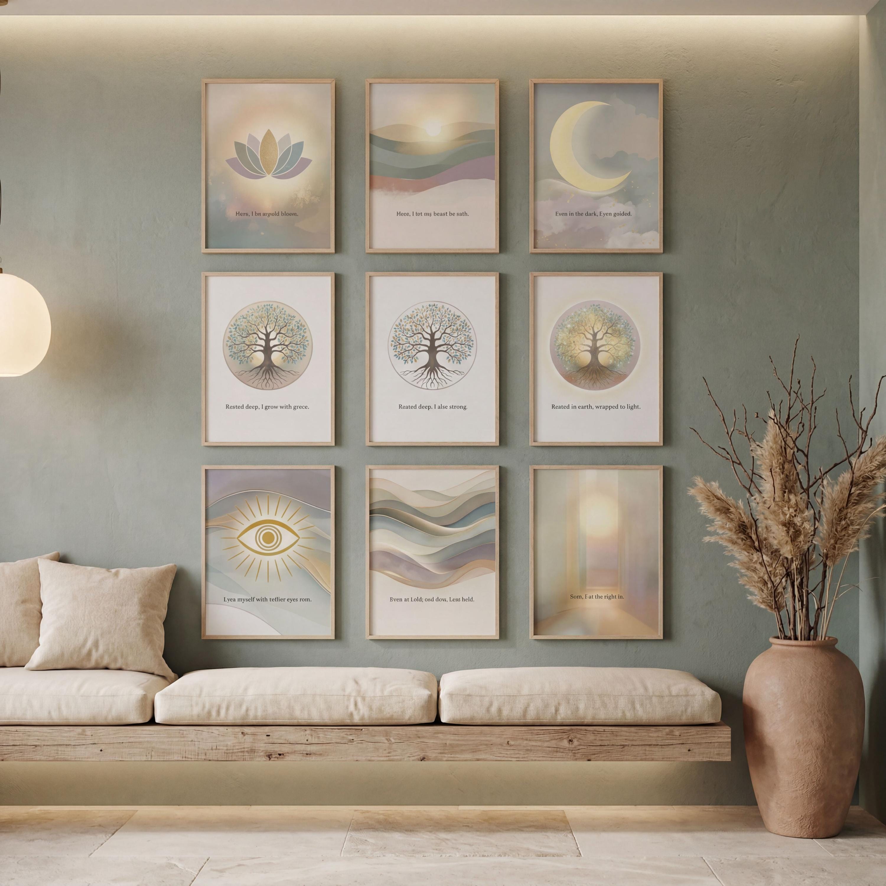 Inner Light Collection — Sage Green Mindfulness Gallery Wall Set of 9, Spiritual Wall Art Prints