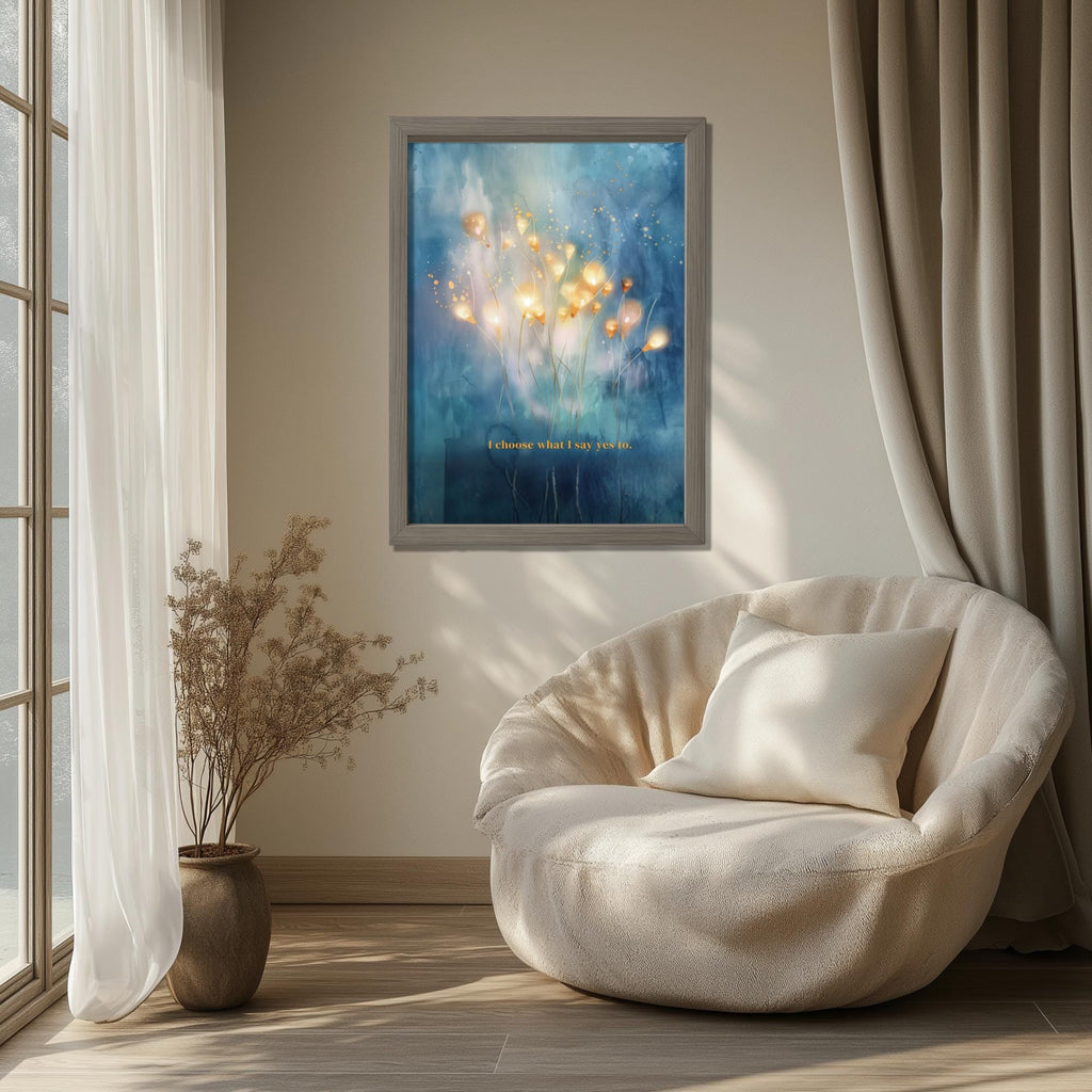 "I choose what I say yes to." — Teal & Gold Horizon Print, Abstract Skyline Boundary Affirmation Wall Art