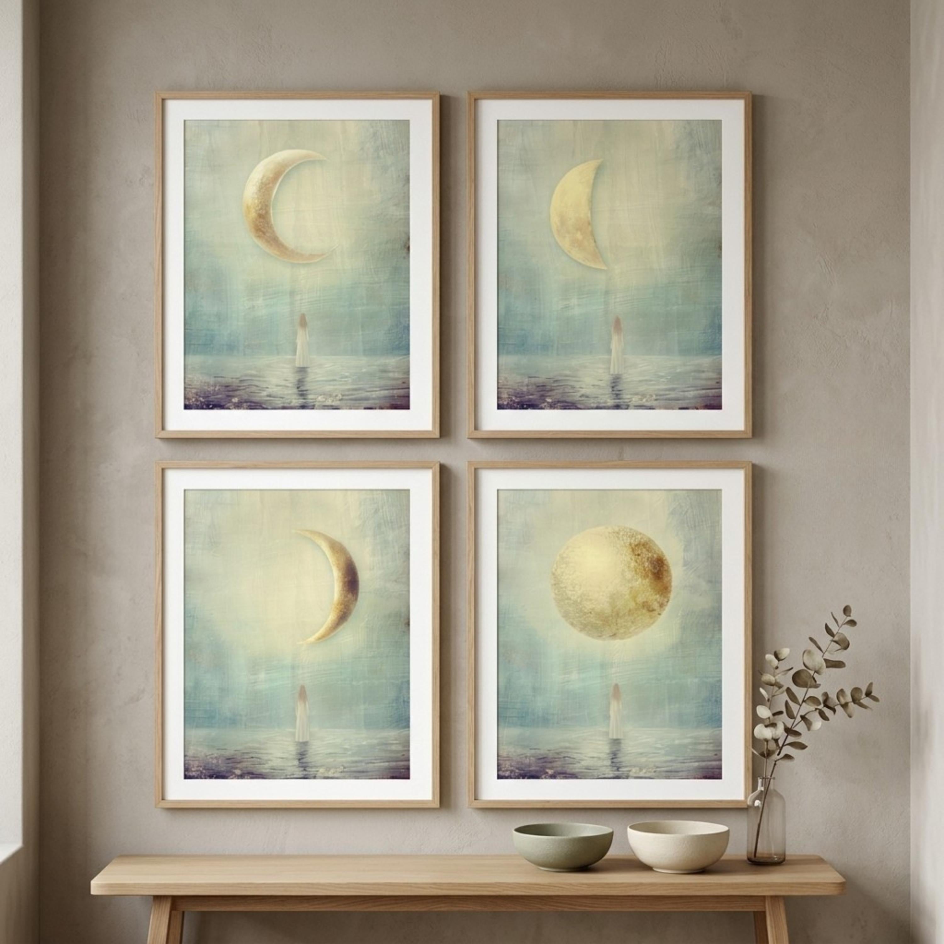"New, crescent, full — every phase is sacred." — Moon Phases Wall Art Set, Minimalist Celestial Gallery Wall (Digital Download)