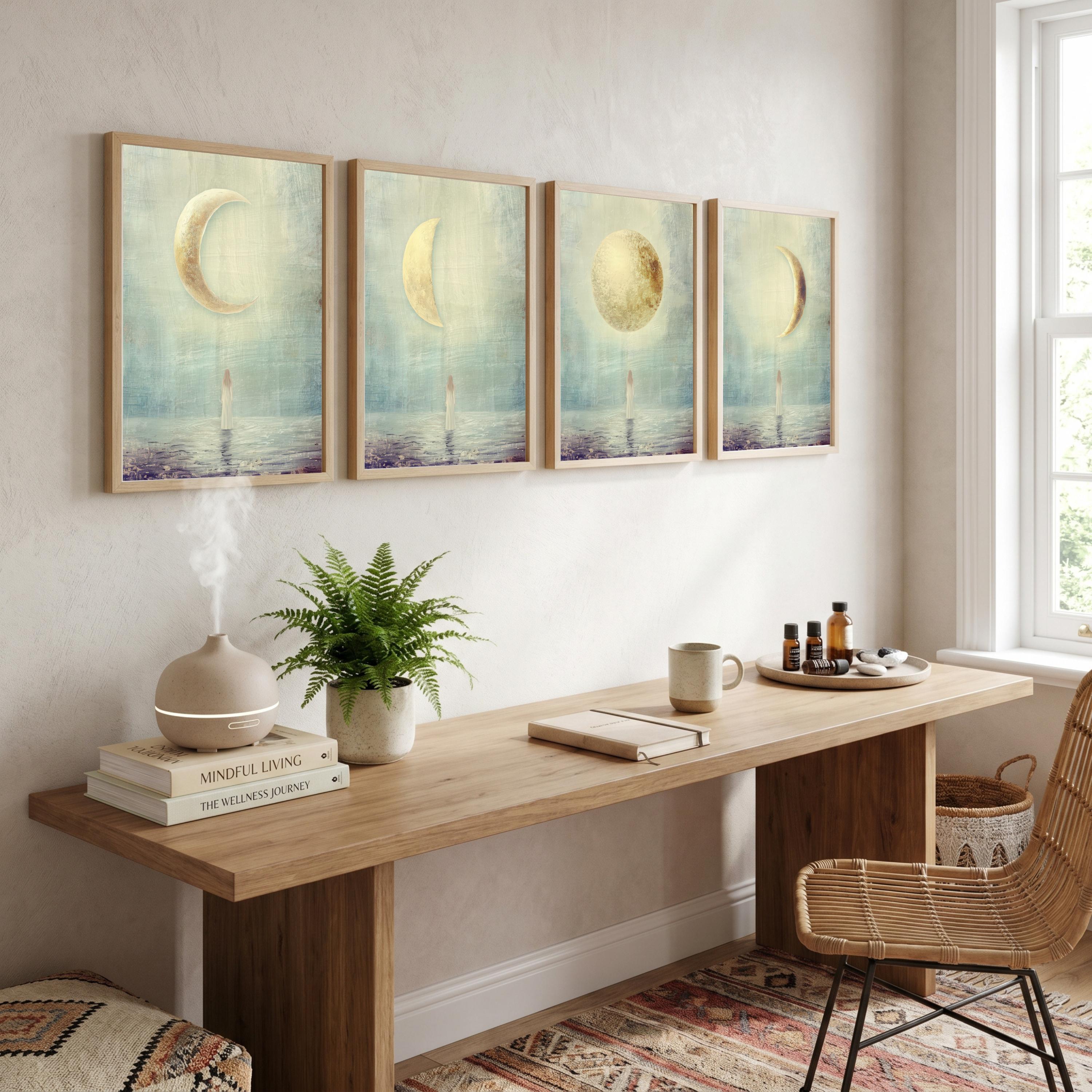 "New, crescent, full — every phase is sacred." — Moon Phases Wall Art Set, Minimalist Celestial Gallery Wall (Digital Download)
