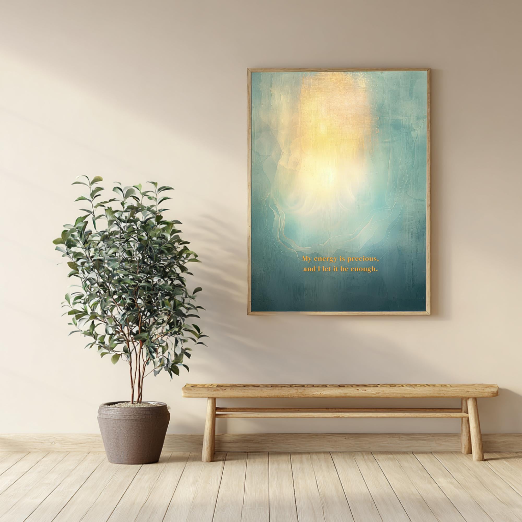 "My energy is precious, and I let it be enough." — Teal & Gold Vertical Glow Abstract Print