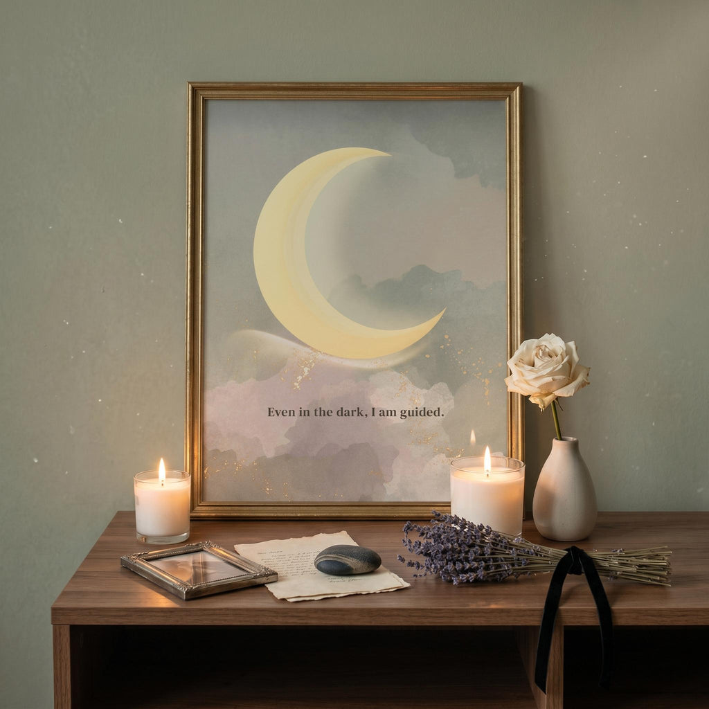 "Even in the dark, I am guided" - Crescent Moon Wall Art