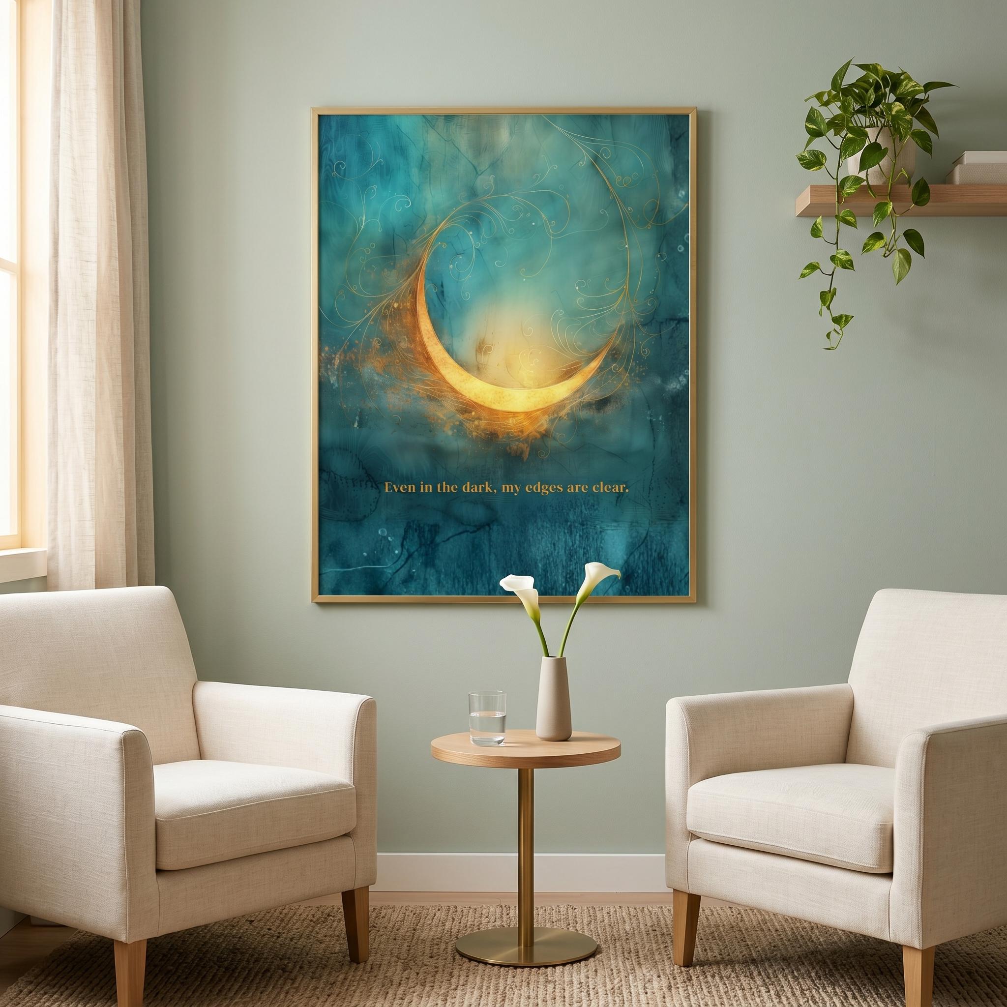 "Even in the dark, my edges are clear." — Teal & Gold Abstract Glow Print, Boundary Affirmation Wall Art