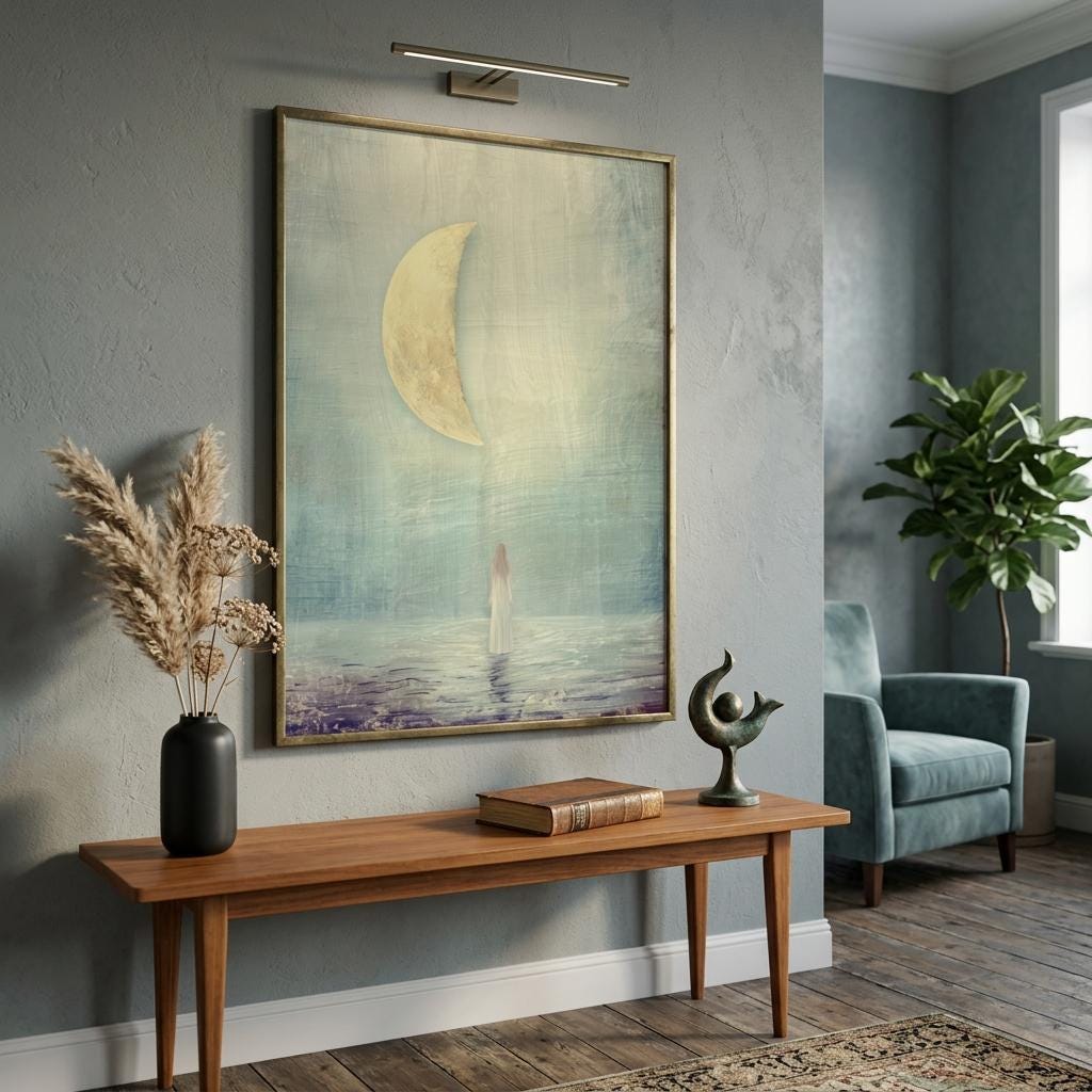 "I find harmony in the in-between." — Half Moon Print, Celestial Balance Wall Art, Teal & Gold (Digital Download)