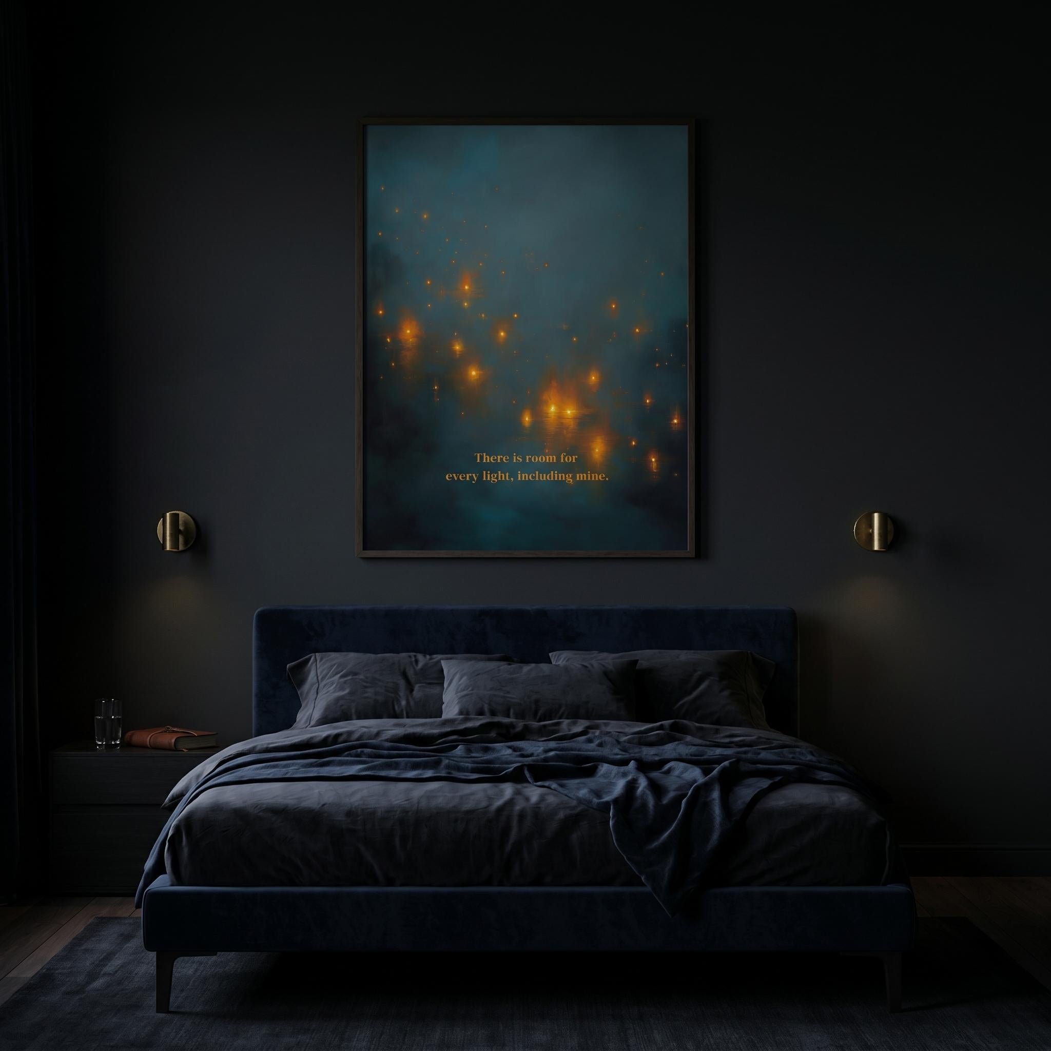 "There is room for every light, including mine." — Teal & Gold Distant Lights Abstract Print