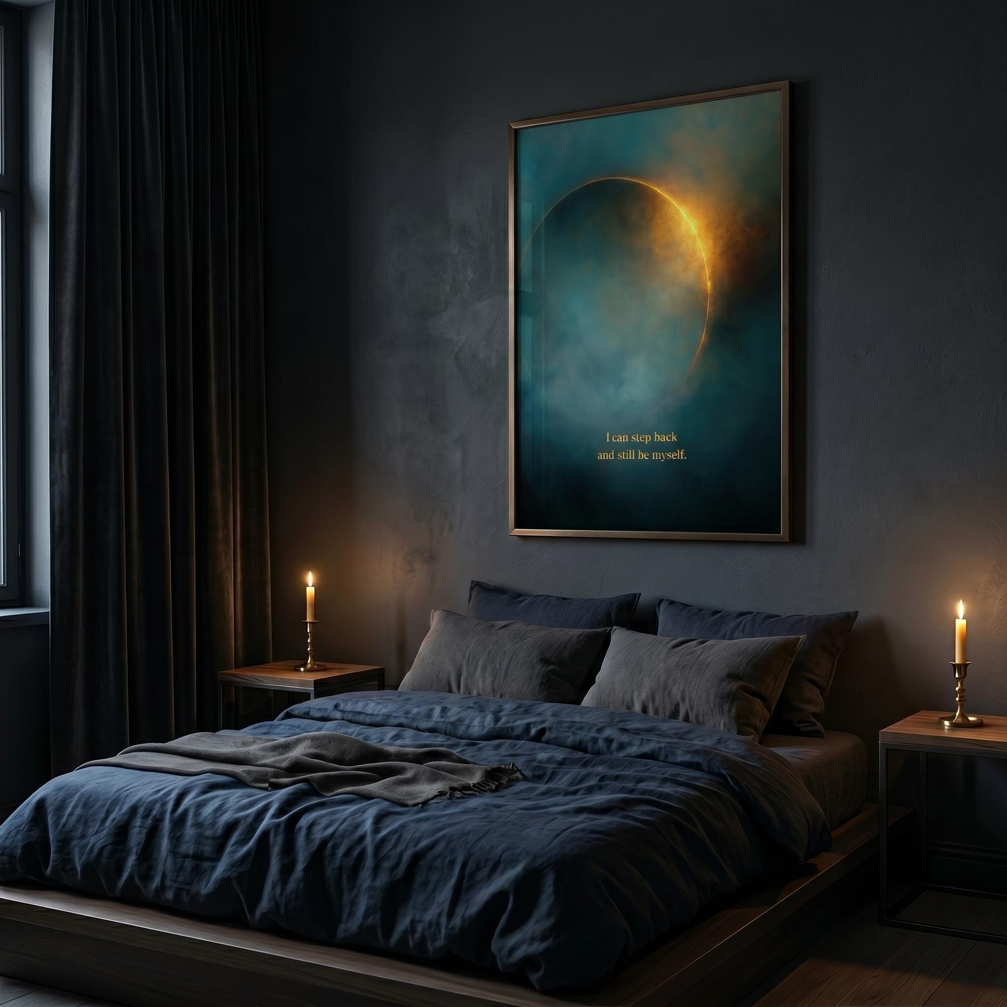 "I can step back and still be myself." — Teal & Gold Eclipse Print, Celestial Abstract Bedroom Wall Art (Digital Download)