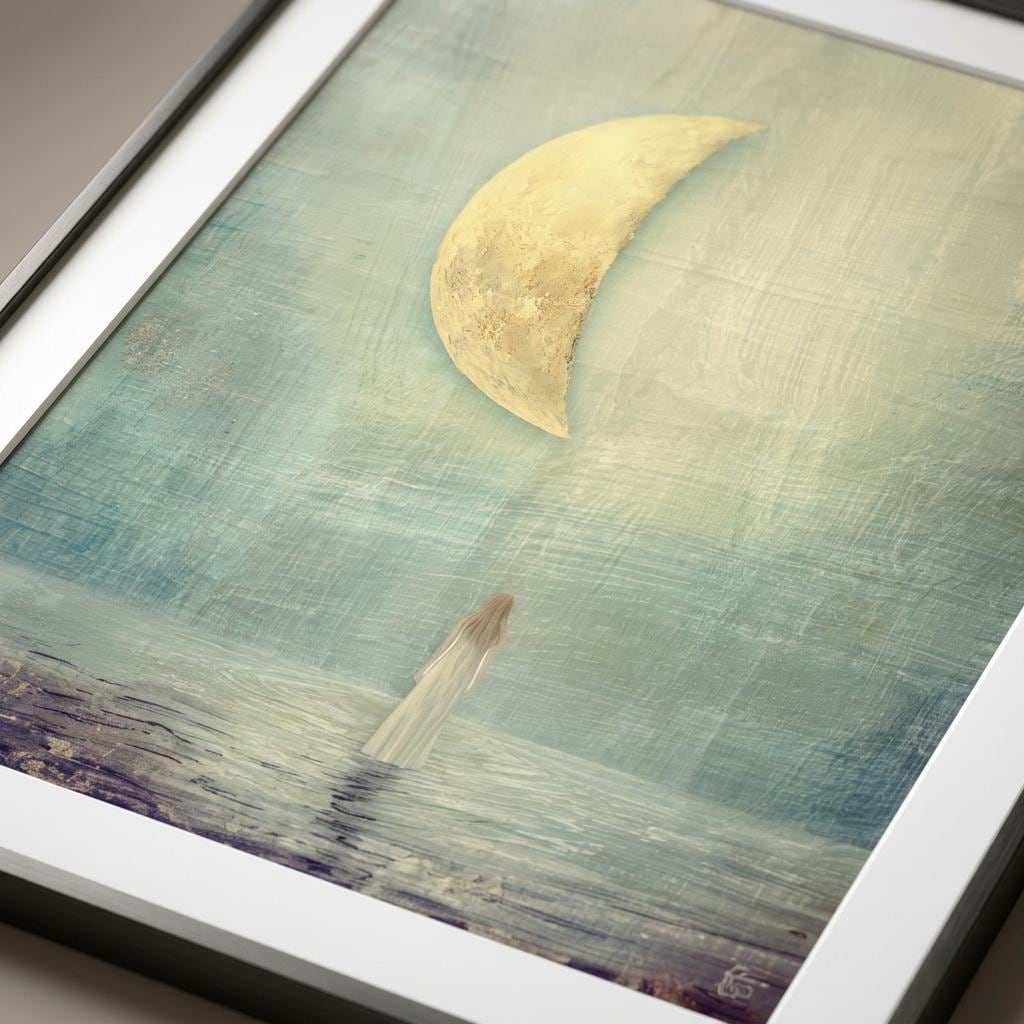 "I find harmony in the in-between." — Half Moon Print, Celestial Balance Wall Art, Teal & Gold (Digital Download)
