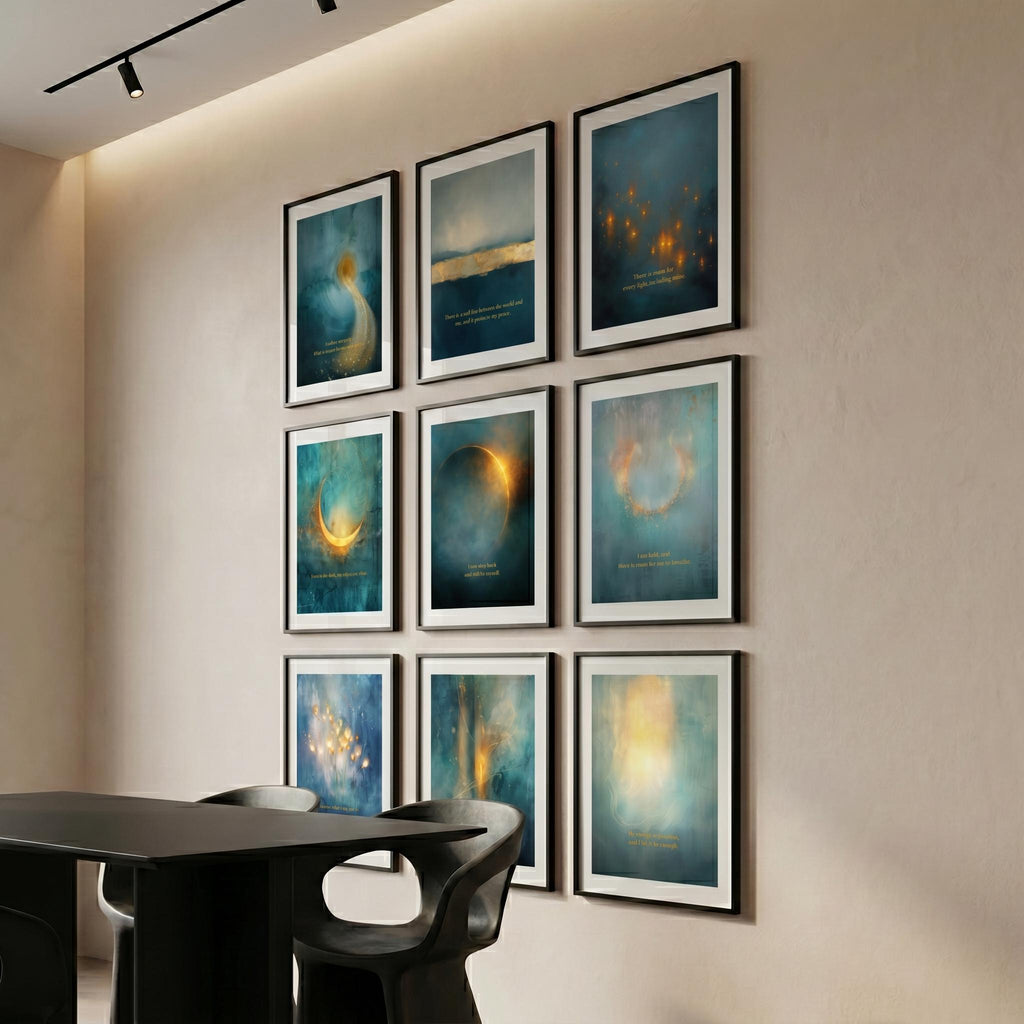 "Deep teal, gold light, sacred space." — Celestial Teal & Gold Gallery Wall Set of 9, Abstract Landscape Hallway Prints