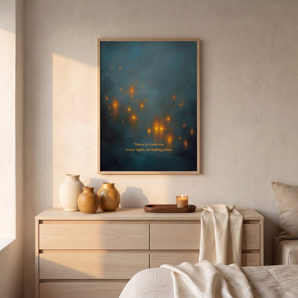 "There is room for every light, including mine." — Teal & Gold Distant Lights Abstract Print