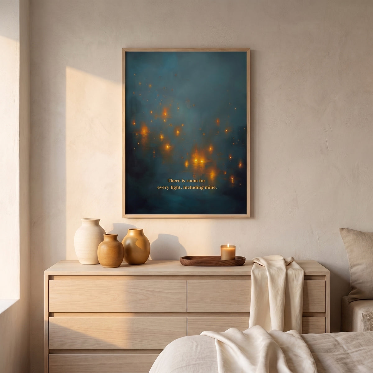 "There is room for every light, including mine." — Teal & Gold Distant Lights Abstract Print