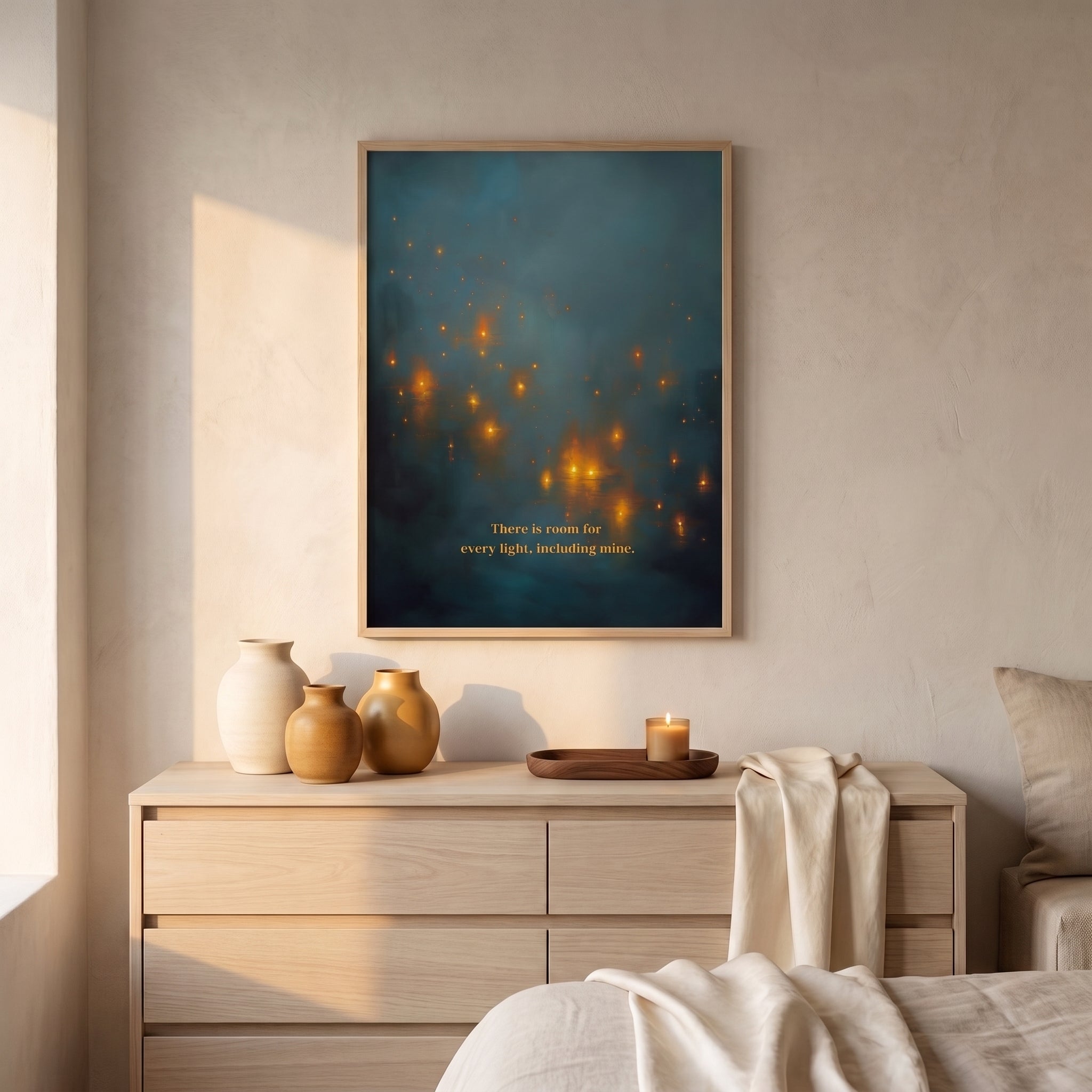 "There is room for every light, including mine." — Teal & Gold Distant Lights Abstract Print