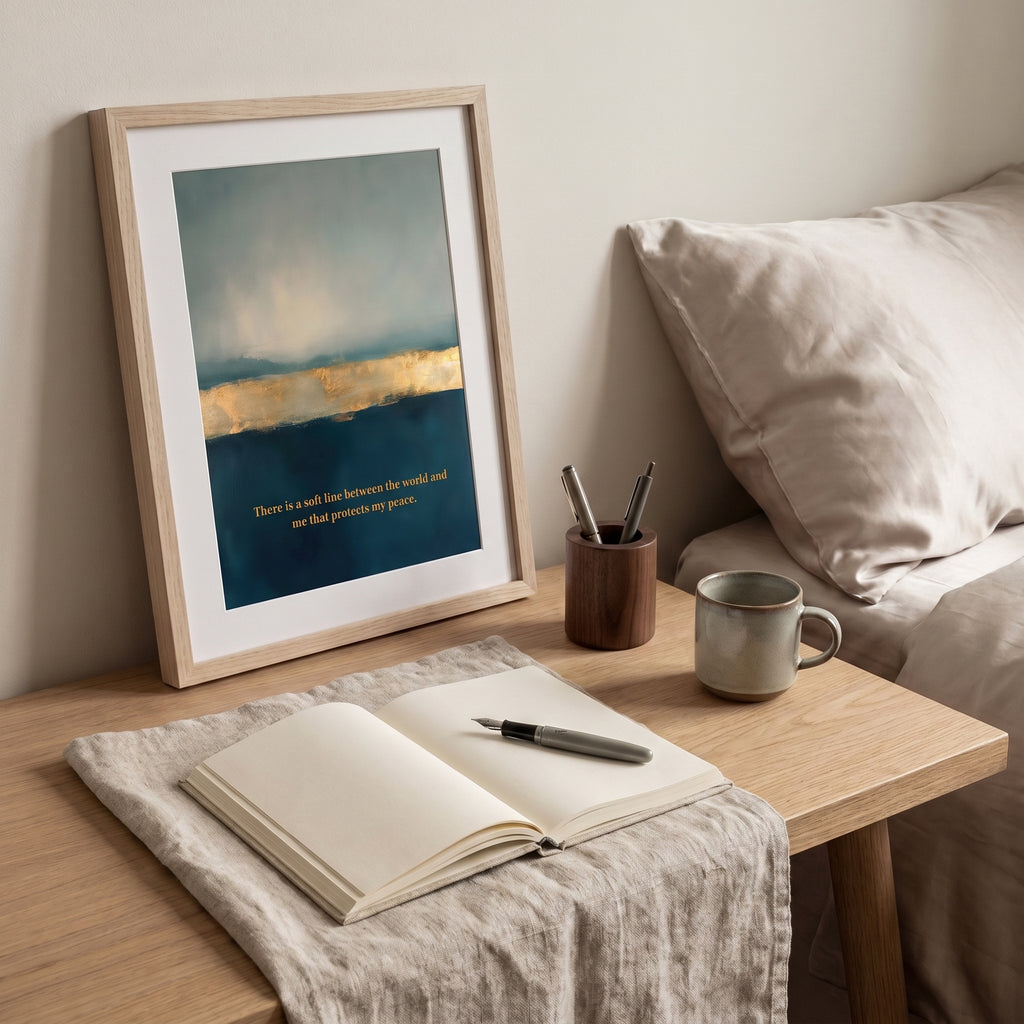 "There is a soft line between the world and me that protects my peace." — Teal & Gold Abstract Horizon Print (Digital Download)