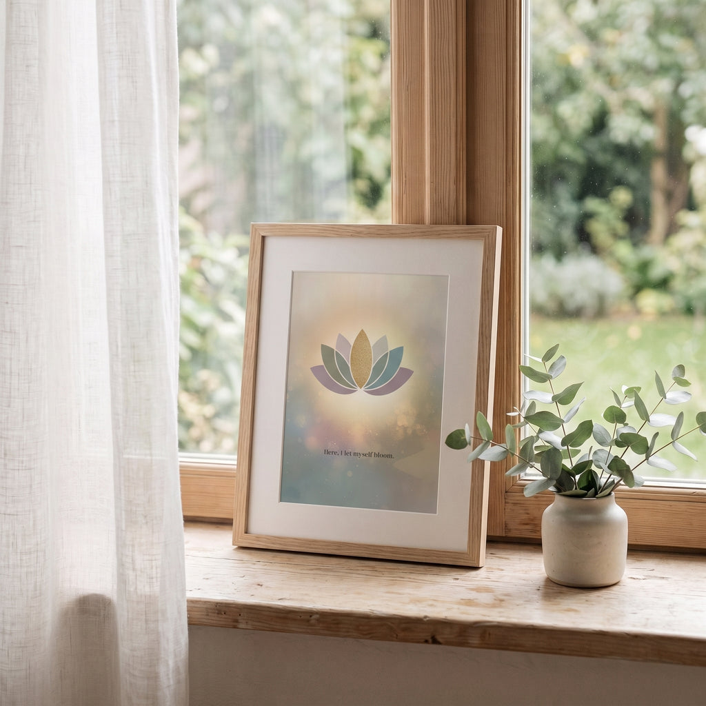 Minimalist lotus flower art print in soft sage and blush tones