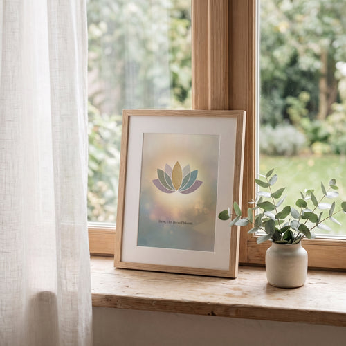 Minimalist lotus flower art print in soft sage and blush tones